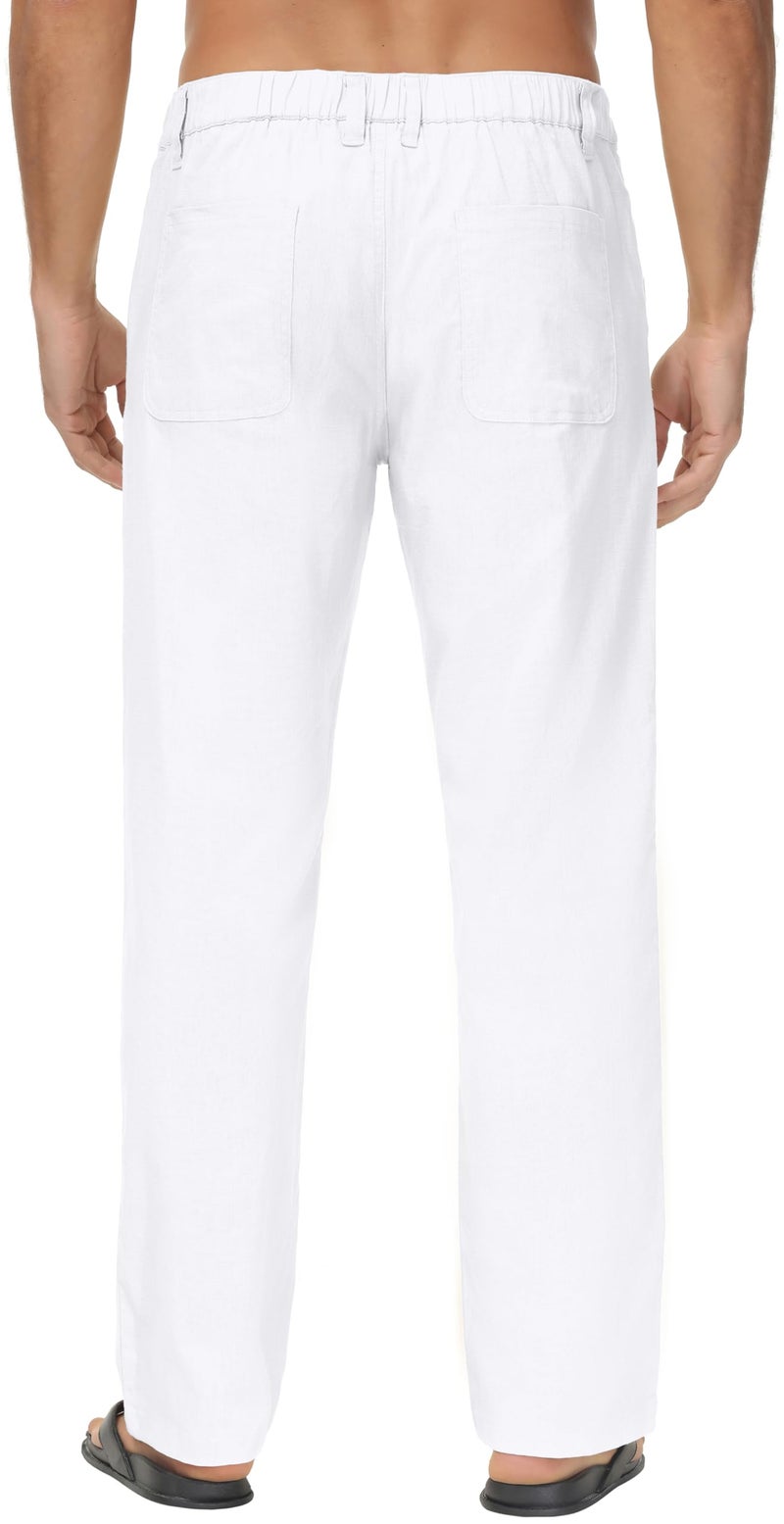 Janmid Men Casual Beach Trousers Linen Summer Pants White S - Image 2